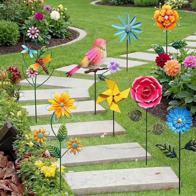 8 Pcs Metal Flower Garden Stake for Outside Outdoor 14" 5D Summer Wildflowers Metal Sign Waterproof Decoration Bird Dragonfly Windmill Landscape Ornament for Lawn Yard Garden Patio Porch Art