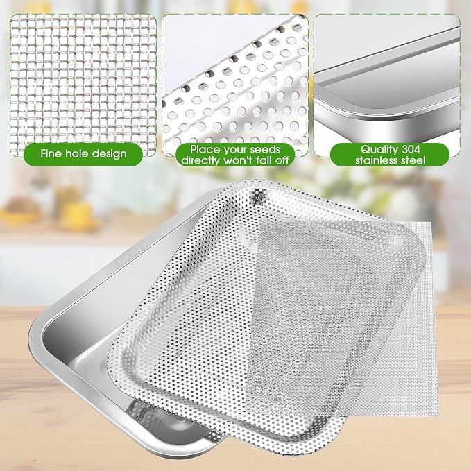 9 Pcs Seed Sprouting Kit Seed Sprouter Growing Tray Microgreens Growing Kit Stainless Steel Plant Germination Tray with Filter Pad Mesh Mat Bean Sprout Grower for Beans Broccoli Alfalfa Wheat Grass