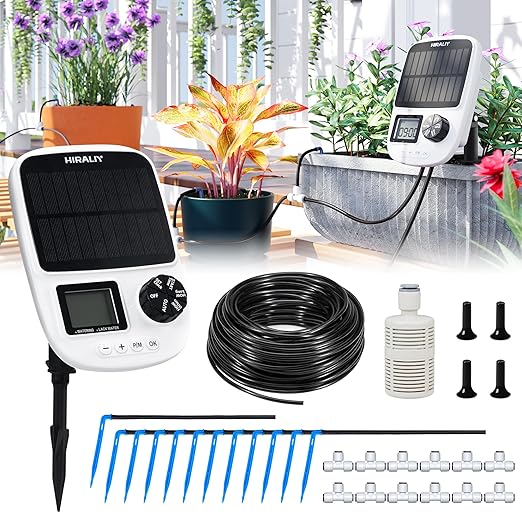 HIRALIY Solar Drip Irrigation System with Timer, Automatic Plant Watering Kit with USB Backup, 12 Drip Emitter Stakes, 40FT Tubing, Water Shortage Alarm for Potted Plants, Patio & Indoor Use