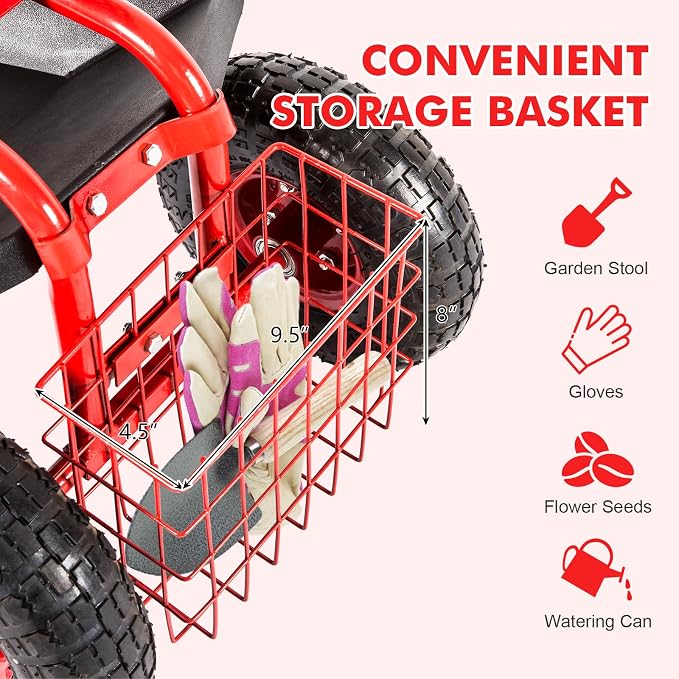 KINTNESS Garden Cart Seat Rolling Scooter Wagon with Extendable Steering Handle Swivel Seat & Utility Basket (Red)