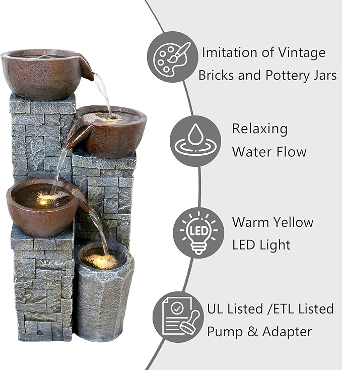 19.3'' H Modern Water Fountain with Lights, 4-Tier Resin Water Fountains with Soothing Water Sounds for Garden, Patio, Backyard and Home & Office Art Decor (Brown)