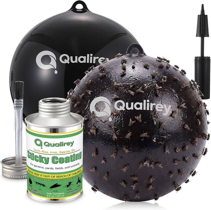 Qualirey 2 Pcs Big Fly Trap Ball 18 inch Hanging Fruit Fly Trap Outdoor Sticky Insect Ball with Sticky Coating Glue Air Pump Adhesive Catcher for Farm Orchard Gnat Mosquito Hornet Deerflies(Black)