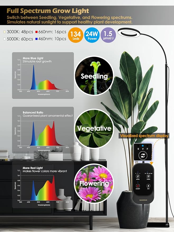 GLOWRIUM Grow Lights for Indoor Plants, Full Spectrum LED Grow Light, Stepless Dimming,3 Lighting Mode and Adjustable Height, Plant Light with 3/9/12/16H Timer (Black, Single Head)