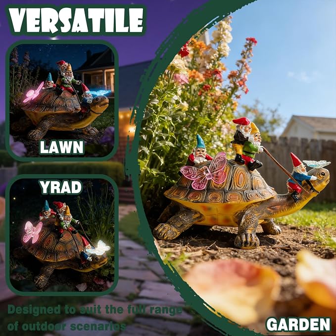Funny Garden Gnomes Tortoise Decorations for Yard Statue with Solar Lights Outdoor Sculpture Decor