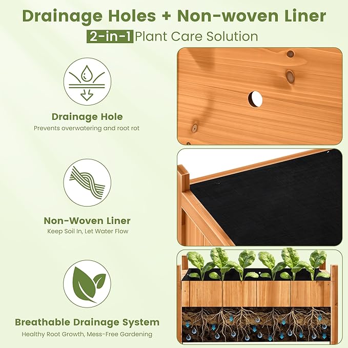 Set of 2 Wooden Planter Boxes Outdoor, 16.1" Square Fir Wood Flower Planters with Liner, Drainage Holes & Removable Bottom Board, Natural Wood Outdoor Bucket Planter for Patio Porch Yard Garden