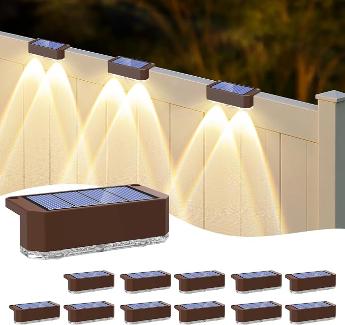 Peasur 12 Pack Solar Fence Lights Outdoor,Deck Light Solar Powered, IP65 Waterproof Led Riling Solar Lights Brown Frame for Outside Yard Step, Wram White