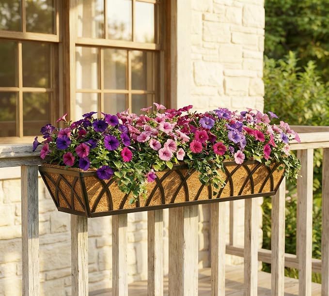 Y&M 4 Pack Hanging Railing Planter Boxes, 30 Inch Adjustable Balcony & Deck Planter, Heavy Duty Metal Flower Box for Porch, Fence & Window, Outdoor Plant Holder