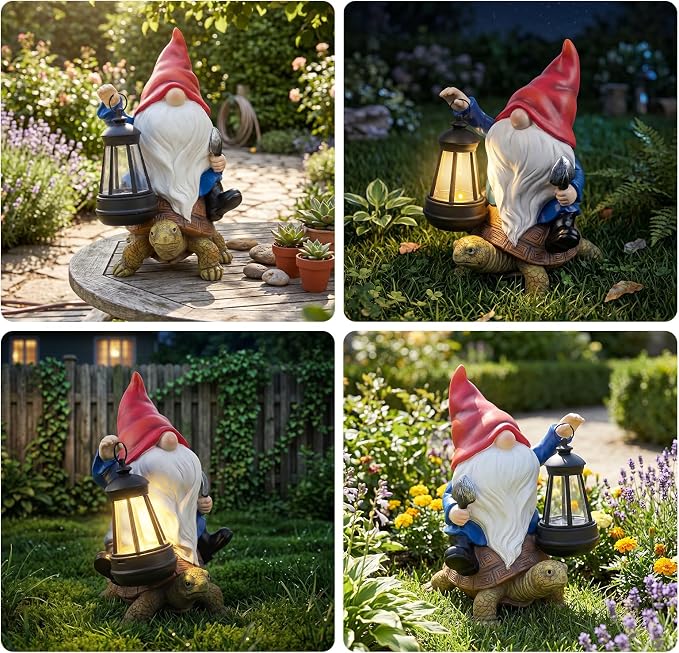 Solar Garden Gnome Statue with LED Lantern, Funny Gnome Riding Turtle Outdoor Decor for Yard Patio Lawn Balcony Porch, Waterproof Resin Gnome Figurine Home Decoration, Gifts for Women Mom Grandma