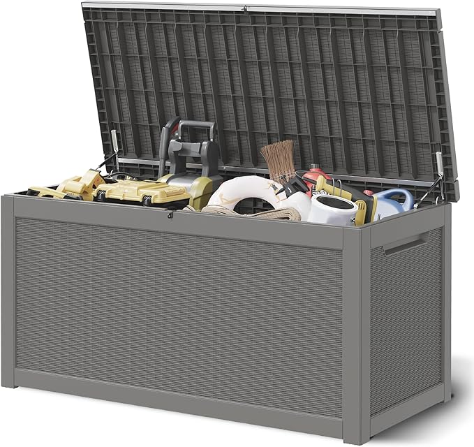 Outdoor Storage Box, 320 Gallon Resin Deck Boxes Outdoor Waterproof For Patio Furniture, Garden Tools, Pool Supplies, Lockable And UV Resistant (Rattan Gray)