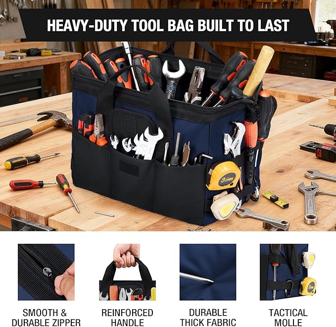 HISEA 3 Pack Heavy Duty Tool Bag with Storage Pockets, 16-Inch Tools Organizer Tote with Wide Base, Waterproof Durable Tool Bags with Zipper for Electrician, Tradesman (Blue)