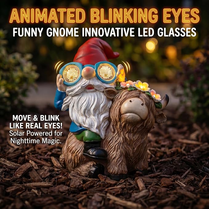 C&Y&G&X Solar Garden Gnome Statue with Highland Cow, Outdoor Solar Garden Decor with LED Lights, Waterproof Resin Yard Art Lawn Ornament for Patio Yard Porch, Gifts for Women Garden Lovers
