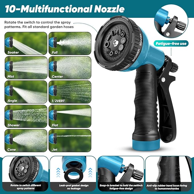 Garden Hose 50FT Non-Expanding, Lightweight Hose With 10-Function Nozzle, Leak-Proof, No-Knot, Easy to Carry, Wear-Resistant, Sturdy 3/4GHT Flexible Water Hose for Yard Garden Outdoor