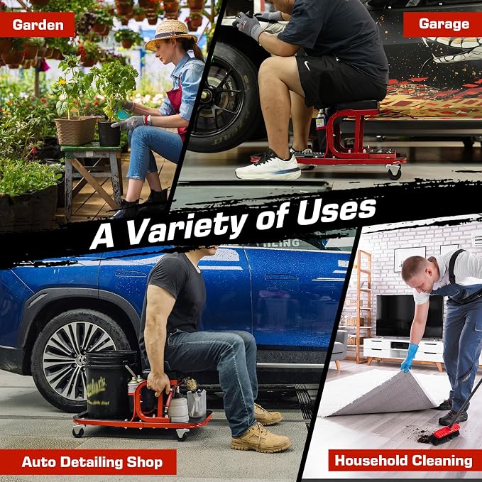Rolling Shop Stool Chair with Wheels, Mechanic Garage Stool on Wheels, Auto Car Detailing Stools Seat with Tool Tray Storage for Garage Work, Workshop, Home, Garden, DIY, 300 LBS Capacity,Red