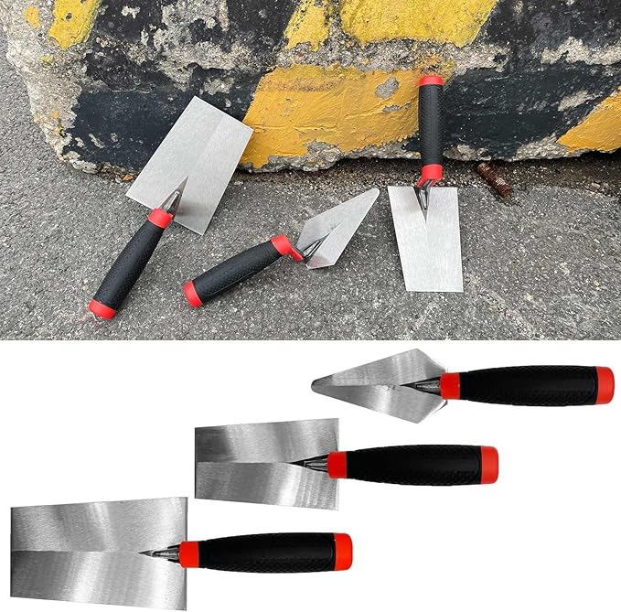 3 Pack Masonry Hand Tool Set, 5” Brick Pointing Trowel, 5.6” and 7” Bucket Margin Trowel, Carbon Steel Bricklaying Hand Tool for Concrete, Cement, Plaster, Tile Construction Projects