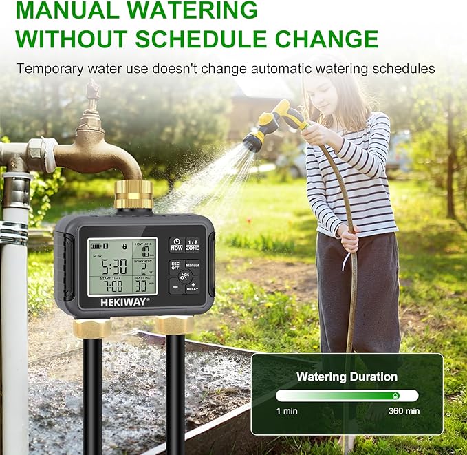 Dual Outlet Water Timer for Garden Hose with 2 Brass Connectors, Programmable Irrigation Controller with Rain Delay & Child Lock for Lawn, Yard, Drip Irrigation, Greenhouse