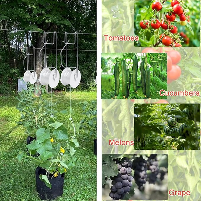 Tomato Support Hooks with String,10 Pack Tomato Trellis Roller Hooks with 49.2FT String for Plant,Greenhouse Tomato Flower Vine Twine Crop Trellis Kit Tomato Plant Roller Hook