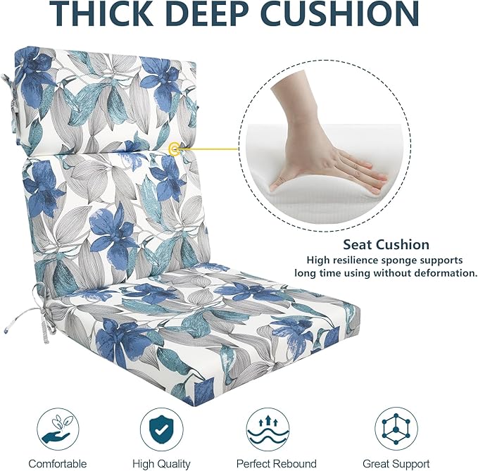 DYTXIII Outdoor High Back Chair Cushions Set of 2, 44"x22" Water Repellent Patio Seat Cushions with Elastic Sponge, All Weather Chair Pads for Rocking, Dining, Patio Furniture - Clemens Noir Blue