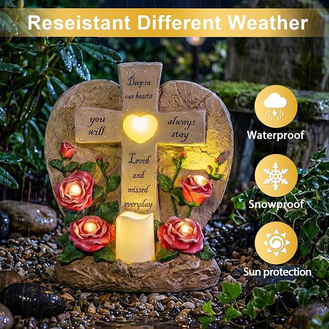 MXwcy Memorial Garden Stone Cross with LED Lights - Sympathy Gift, Bereavement & Remembrance for Loss of Loved One, Outdoor Indoor Grave Marker Decoration, Weatherproof Resin Heart Rose Design