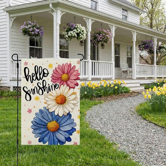 CROWNED BEAUTY Hello Sunshine Garden Flag Daisy Spring Summer 12x18 Inch Double Sided Small Seasonal Holiday Floral Farmhouse Decoration for Outside Yard