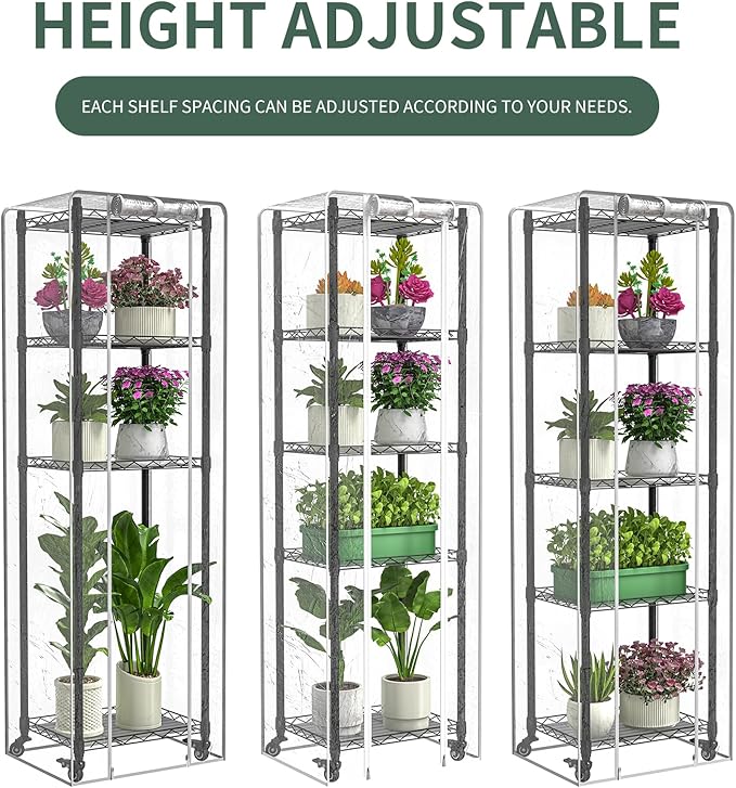 Mini 5-Tier Greenhouse for Indoor ,15.7" L×11.8" W×62.3" H | Portable Greenhouse with Wheels，Clear PVC Cover and Metal Shelf，for Growing Flowers and Seedlings