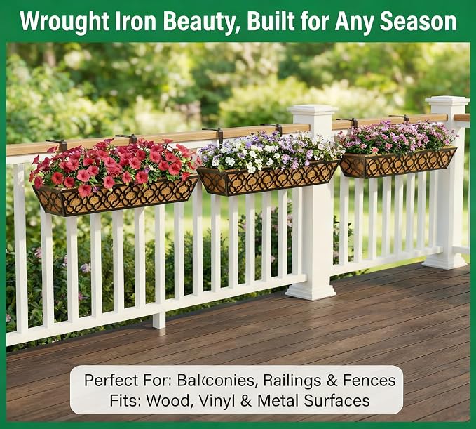 Y&M 30'' Large Window Box Railing Planter with Coco Liner, Outdoor Window Flower Boxes Over The Railing Planter Boxes Deck Fence Porch Patio Planter-2 Pack