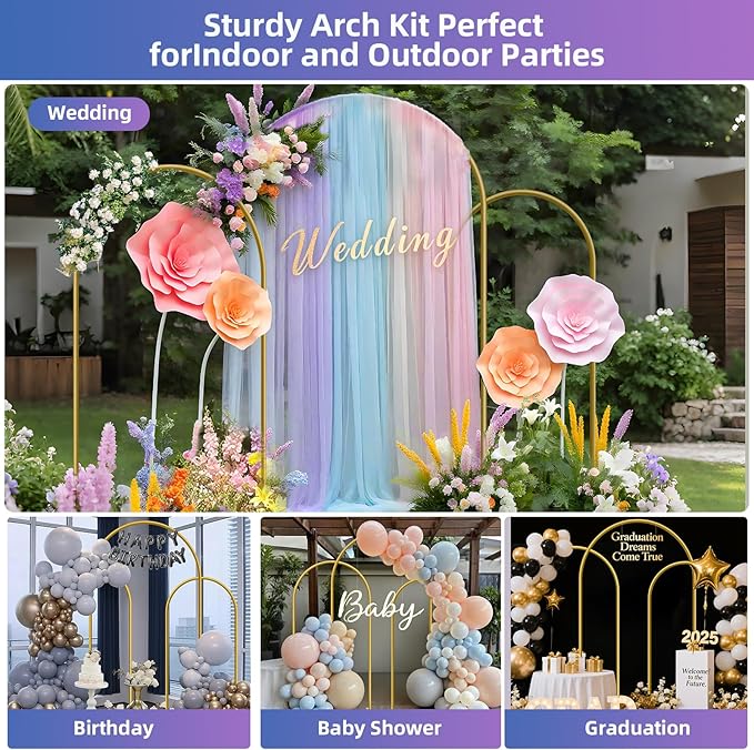 Hemmotop Metal Arch Backdrop Stand Set of 3, 6ft, 6.6ft, 7.2ft Wedding Arch Frame for Backdrop, Balloons, Flowers, Garden Décor, Gold Arched Stand for Birthday, Baby Shower, Graduation Party, 3 Pieces