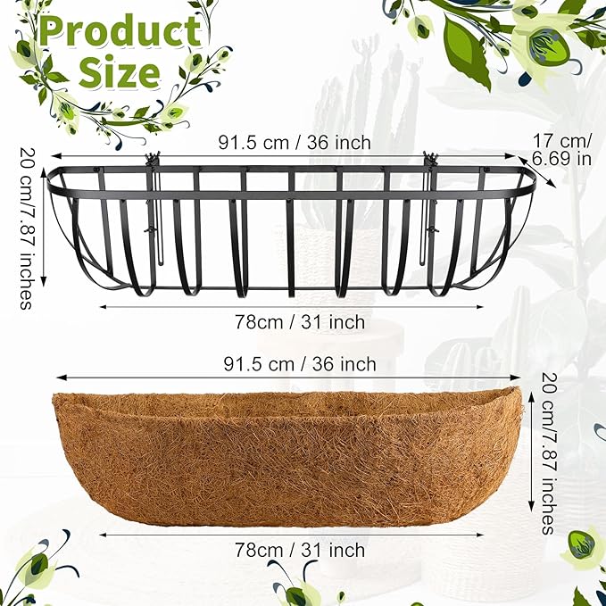 Tessco for you 2 Pieces Railing Planter Boxes, 36 Inches Window Box Planters with Coco Liner and Adjustable Brackets for Deck Porch Fence Patio Balcony Gardening Outdoor Plants