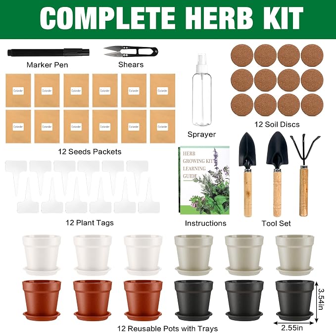 12 Herb Garden Kit Indoor, Complete Kitchen Window Herbs Seeds Growing Starter Set Kit Gardening Gift Birthday Housewarming Christmas Gift for Women Her Mom Men Home Chefs Gardener Beginner