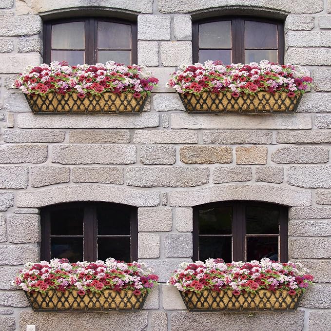 6 Pack 24 Inch Window Boxes Planters Railing Planter Box with Adjustable Brackets for Porch Fence Patio Balcony Hanging Flower Baskets with Coco Liners for Outdoor Garden Decor - Bronze