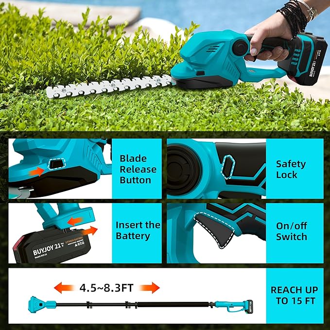 4-in-1 Pole Hedge Trimmer & Cordless Grass Shears,2×4.0 Ah Batteries & Included Charger,Dual Blade Design,Extension Tree Pruner,Bush Trimmer for Tree Trimming/Garden/Lawn