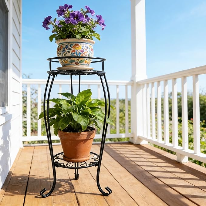 CASIMR 2-Pack Plant Stand, 2 Tier 26.8 inch Tall Metal Potted Holder Rack,Indoor Outdoor Multiple Flower Pot Shelf Rustproof Iron Garden Container for Garden Patio Living Room Corner Balcony, Black