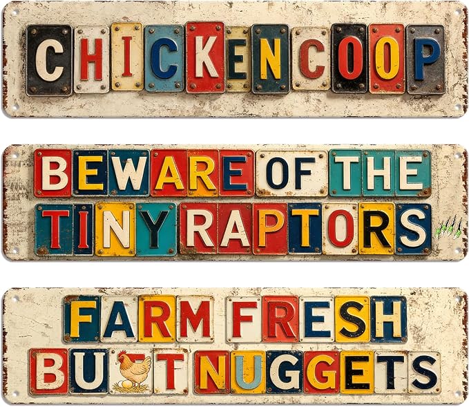 3 Pack Funny Chicken Coop Signs for Outside Farm Kitchen Wall Art Decor Chicken Coops Accessories Vintage Metal Chicken Signs Outdoor Yard Metal Tin Sign Decorations Chickens Lover Gifts 16x4 Inch