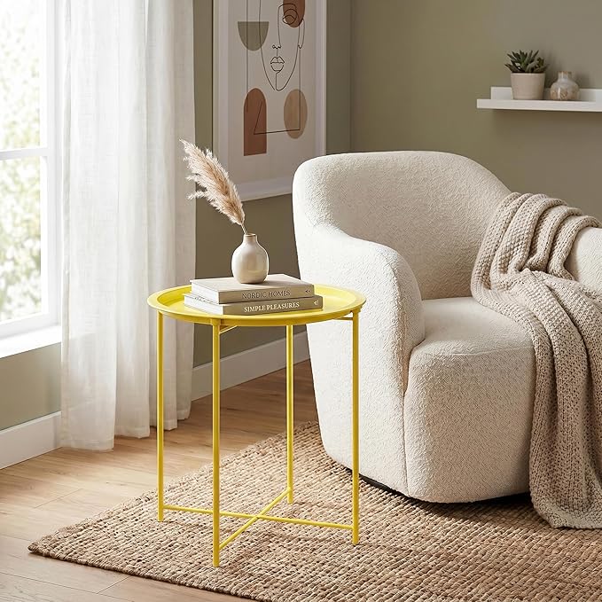 VECELO Side/End Table, Folding Round Metal Anti-Rust and Waterproof Outdoor or Indoor Tray for Living Room Bedroom Balcony and Office, 2 PCS, Yellow