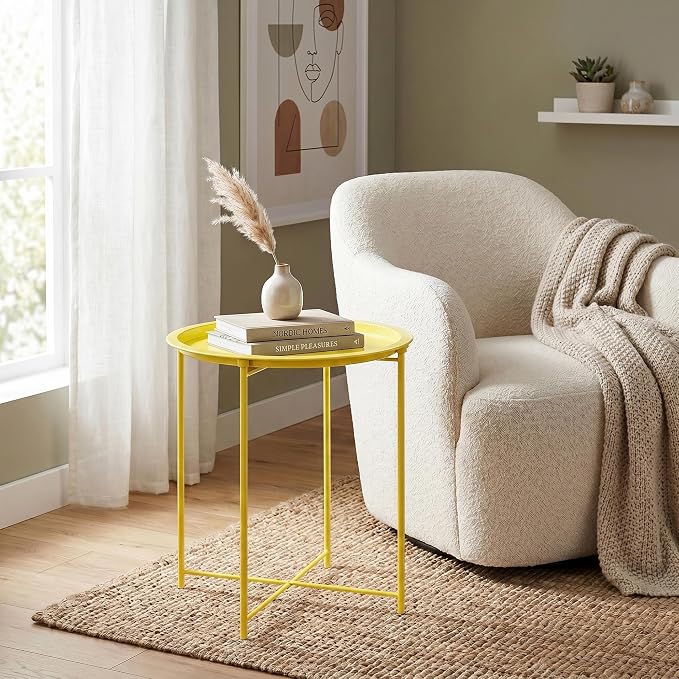 VECELO Side/End Table, Folding Round Metal Anti-Rust and Waterproof Outdoor or Indoor Tray for Living Room Bedroom Balcony and Office, 1 PCS,Yellow