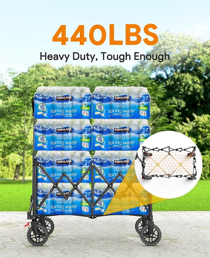 Raynesys Collapsible Foldable Wagons, 440lbs Capacity Wagons Carts Foldable with All-Terrain Wheels, Heavy Duty Utility Wagon Carts with Brakes for Camping, Sports, Shopping, Grocery, Black