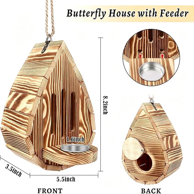 Teardrop-Shaped Wooden Butterfly Habitat & Feeder | Butterfly House and Feeder, Hangable Habitat Supports Breeding, for Backyard Balcony Yard Wedding Enthusiasts Gardeners Professionals Hobbyists