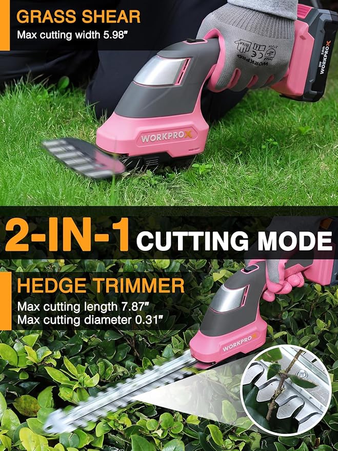 WORKPROX 20V Pink Cordless Grass Shear & Shrubbery Trimmer - 2-in-1 Handheld Electric Grass Trimmer Hedge Shears/Grass Cutter with Tool Bag, Rechargeable Lithium-Ion Battery and Type-C Cable Included