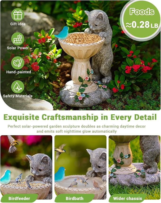 Nacome Solar Cat Statue for Garden Decor: IP44 Weatherproof Resin with Automatic Lighting - No Installation- Outdoor Yard Patio Balcony Art - Birthday Gifts for Bird Lovers Mom Grandma Women