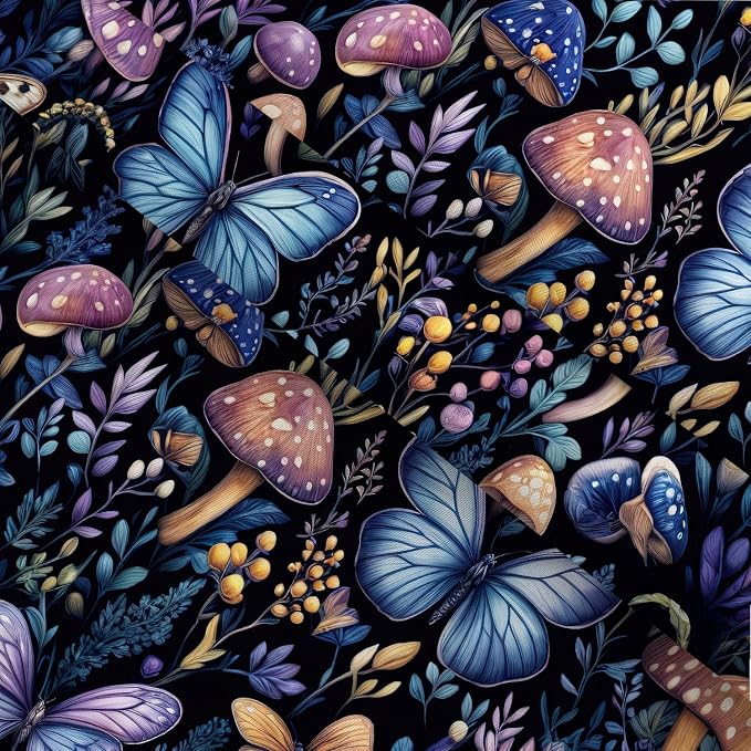 Boho Dark Mushroom Shower Curtain, Vintage Rustic Floral Butterfly Botanical Shower Curtain Purple Blue Black Farmhouse Bathroom Decor with Hook, Fairy Witchy Woodland Flowers Shower Curtain 72X72