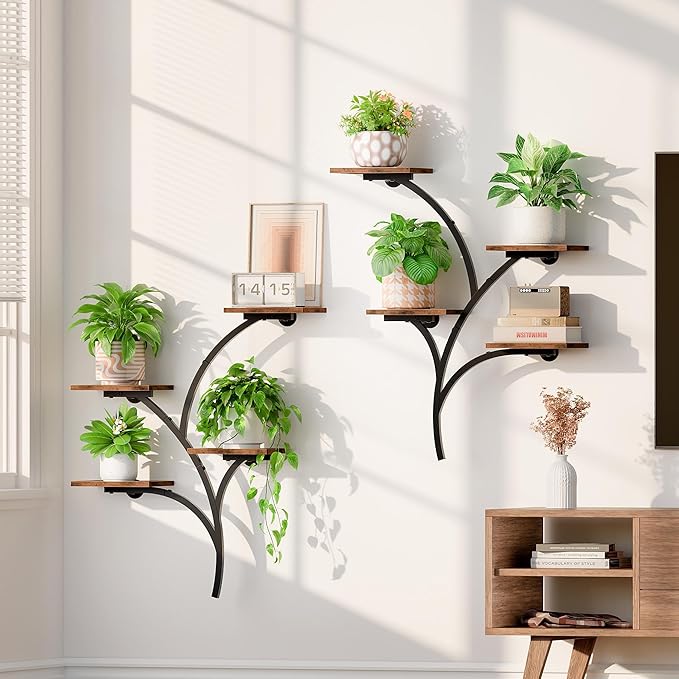 POZILAN Wall Planters for Indoor Plants, 2 Pack 8 Tiered Wall Mount Plant Holder, Sturdy Metal & Wood Hanging Planters for Living Room Window, Wall Plant Stand Indoor for Home Decor & Multiple Plants