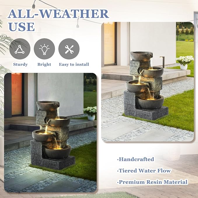 Grepatio Outdoor 4-Tiers Water Fountain, Garden Cascading Waterfalls Fountain with 4 LED Lights, 21.9" H Modern Indoor/Outdoor Bowl Waterfall Feature Water Fountains for Garden, Yard Decor (Brown)