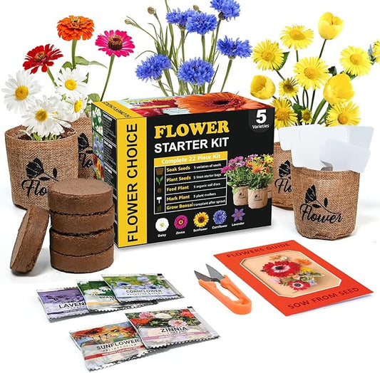 Indoor Daisy Garden Starter Kit with Gardening Tools - Planter Bags, Markers, Soil Disks and Shears, Home Gardening Gifts for Women Men Plant Lovers