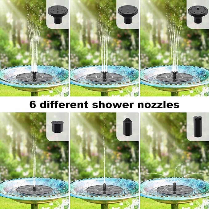 Priksia Solar Water Fountains,Solar Powered Bird Bath Fountain with 6 Nozzles - Free Standing Floating Solar Fountains for Bird Bath, Garden, Pond, Pool (Black-1.4W)