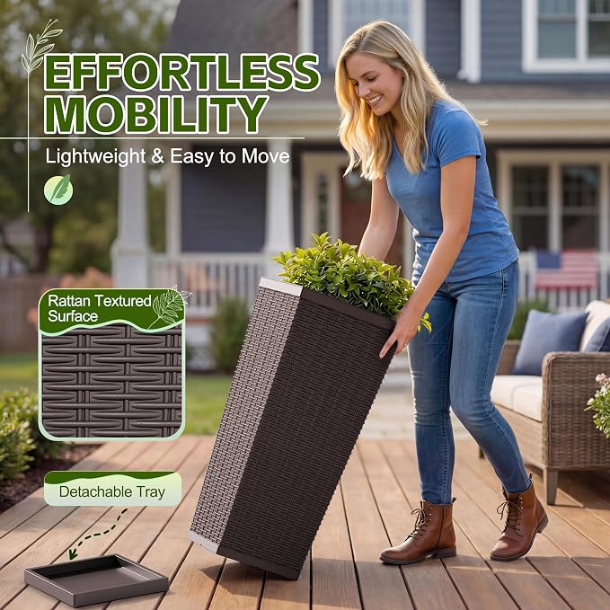 Devoko Resin Tall Planters for Outdoor Plants Set of 2, Large Taper Outdoor Planter Pots with 4 Drainage Holes, Flower Pots Modern Decor for Porch, Patio, Backyard, Garden(Brown, 30''with Trays)