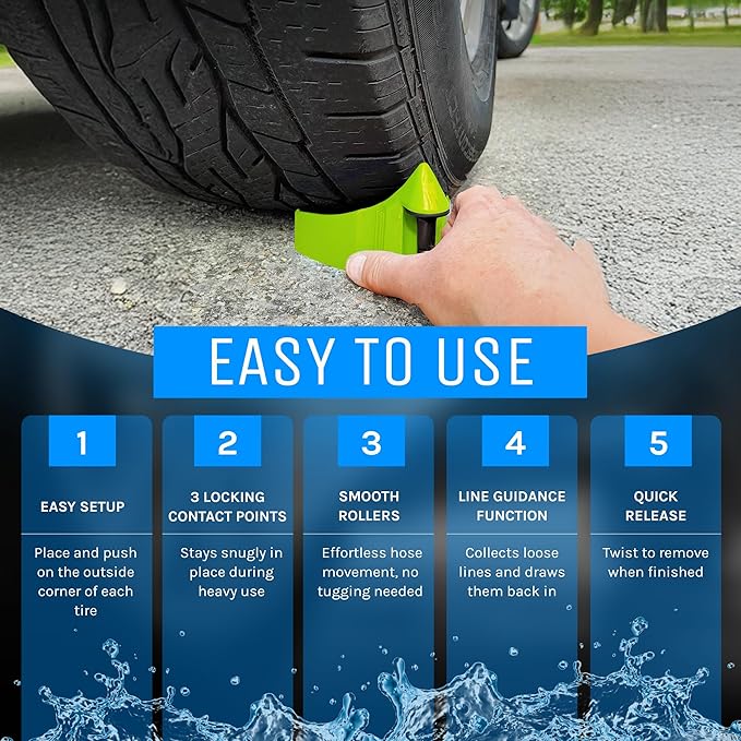 DETAIL GUARDZ Hose Guide – 4pcs Plastic Hose Roller for Cars, Trucks & Motorcycles - Car Wheel Rolling System Tool Preventing Stucking and Snagging Under Tires (Neon)