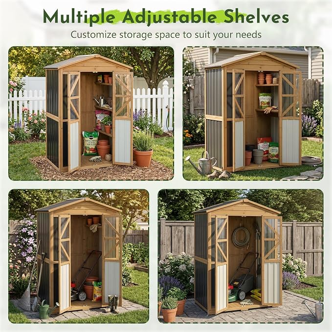 Outdoor Wooden Storage Shed Cabinet with 6 Adjustable Shelves | 48.8'' Tall Outdoor Cabinets with Lockable Double Doors, Transparent Window, Hooks, Reinforced Structure, Waterproof Roof
