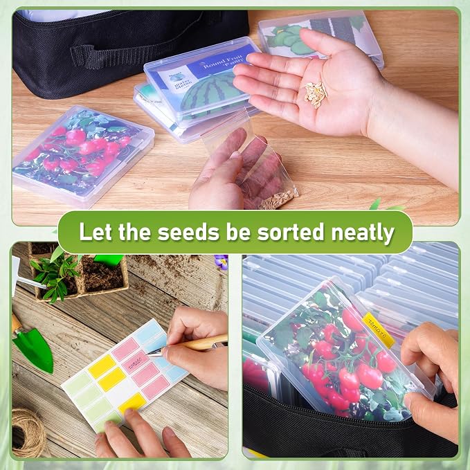 24 Slots Seed Storage Organizer Box with Dual Zipper Bag, 100 Pcs Seed Sealed Bag and 80 Pcs Label Stickers,Seed Storage Container for Garden Vegetable Flower Plants Seeds Saving