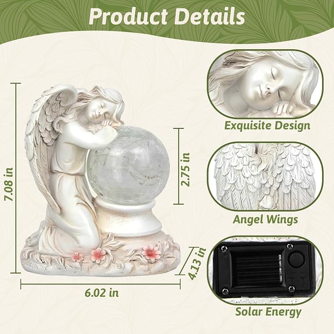Solar Angel Garden Statue Outdoor, Memorial Angel Figurine with Crackle Glass Ball Resin Garden Decor for Patio Lawn Yard Porch, Gifts for Mom Grandma Women