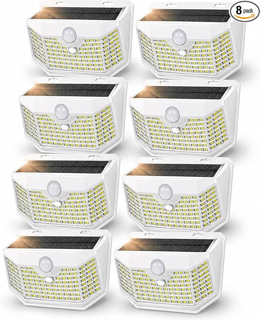 HMCITY 120 LED Solar Lights Outdoor with Motion Sensor and 3 Lighting Modes, IP65 Waterproof Wide Solar Wall Lights Ideal for Garden Patio Yard (Front Button 8Packs, White Shell-Daylight White)