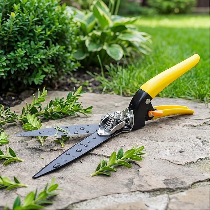Grass Shears with 90° Rotatable Head, Hand Clippers for Lawn Edges and Garden Trimming, Safety Lock, Spring-Loaded